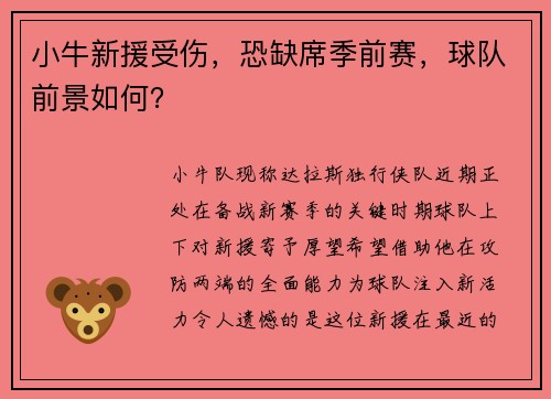 小牛新援受伤，恐缺席季前赛，球队前景如何？